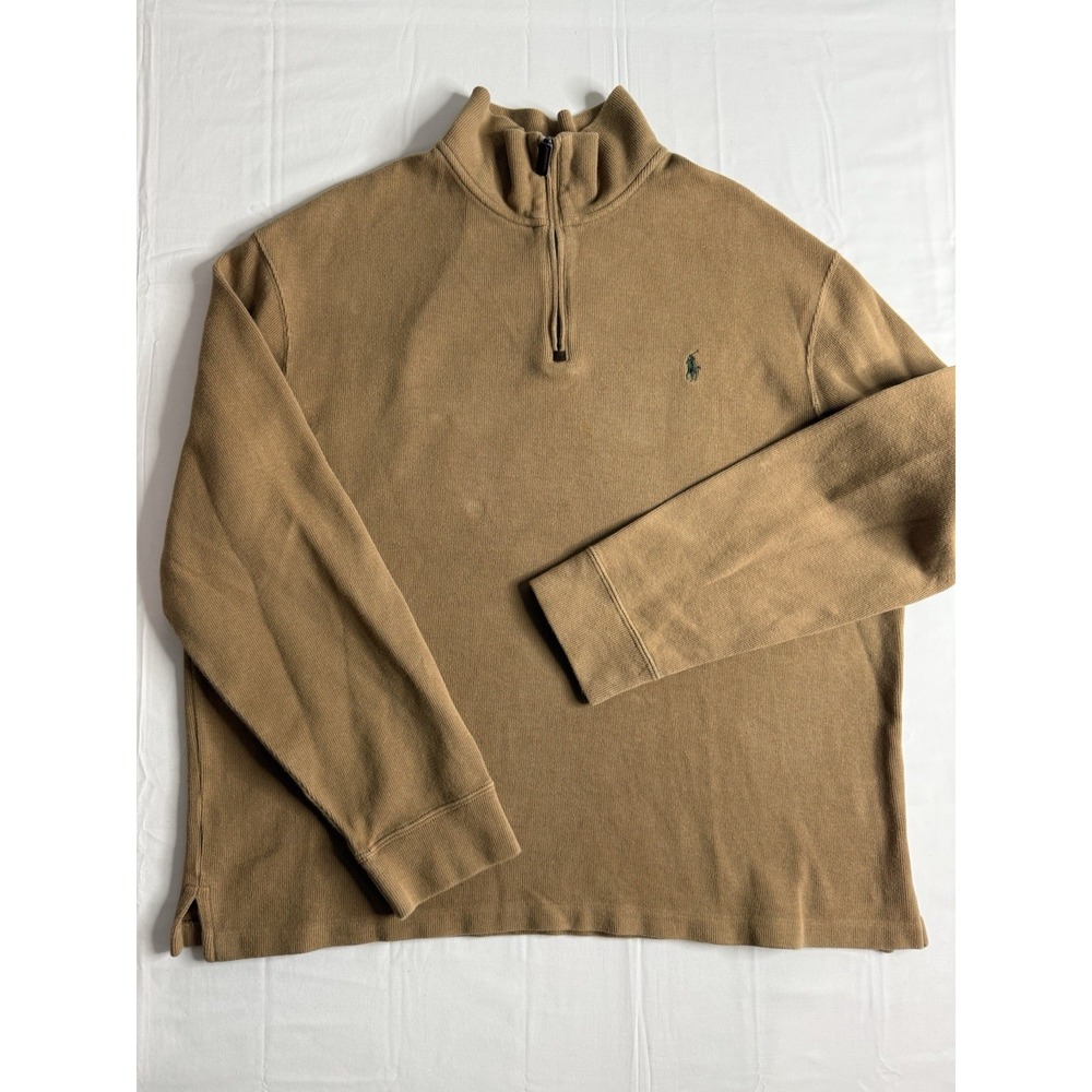 Polo Ralph Lauren Sweater Men's XL Brown Tan Knit Mock Neck 1/4 Zip Green Pony